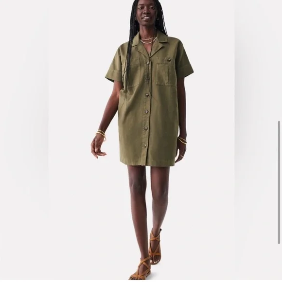 Faherty Linen Blend Palos Verdes Shirt Dress Olive Green Utility Coastal SZ L - Picture 3 of 16